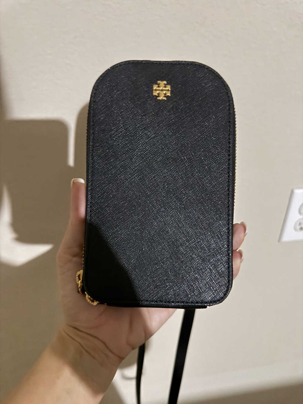 Tory Burch Black Textured Leather Crossbody Phone Pouch with Gold Logo